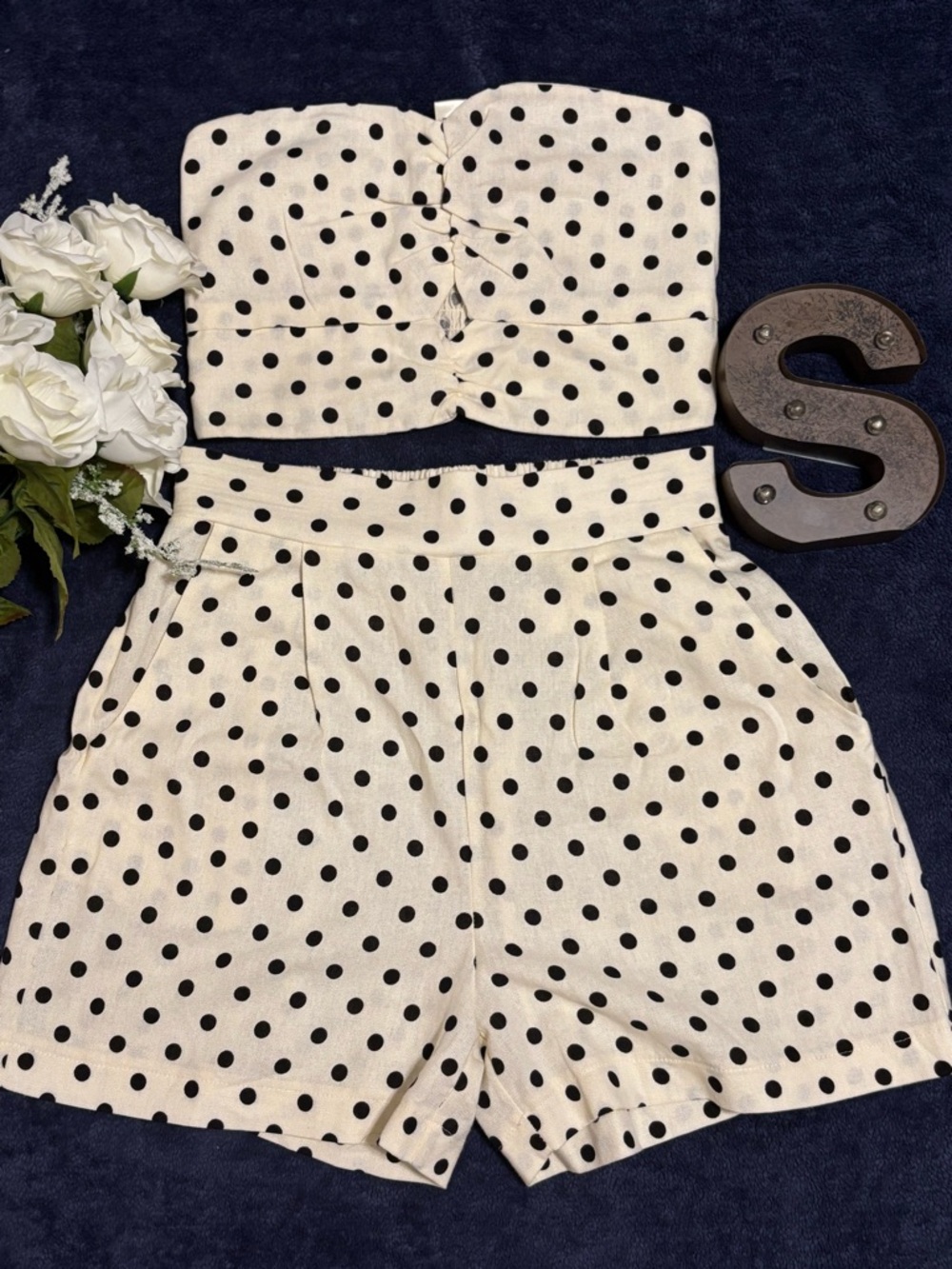 Polka Dot Two-Piece Tube Top & High-Waist Shorts Set - Cream with Black Dots